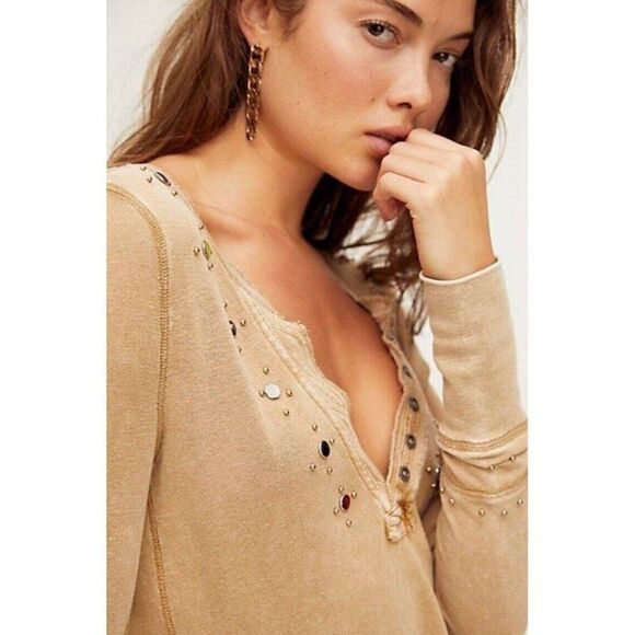 NWT FREE PEOPLE Sz S WILD RIDE EMBELLISHED STUDDED HENLEY TOP LONG SLEEVE TEE - Picture 6 of 6